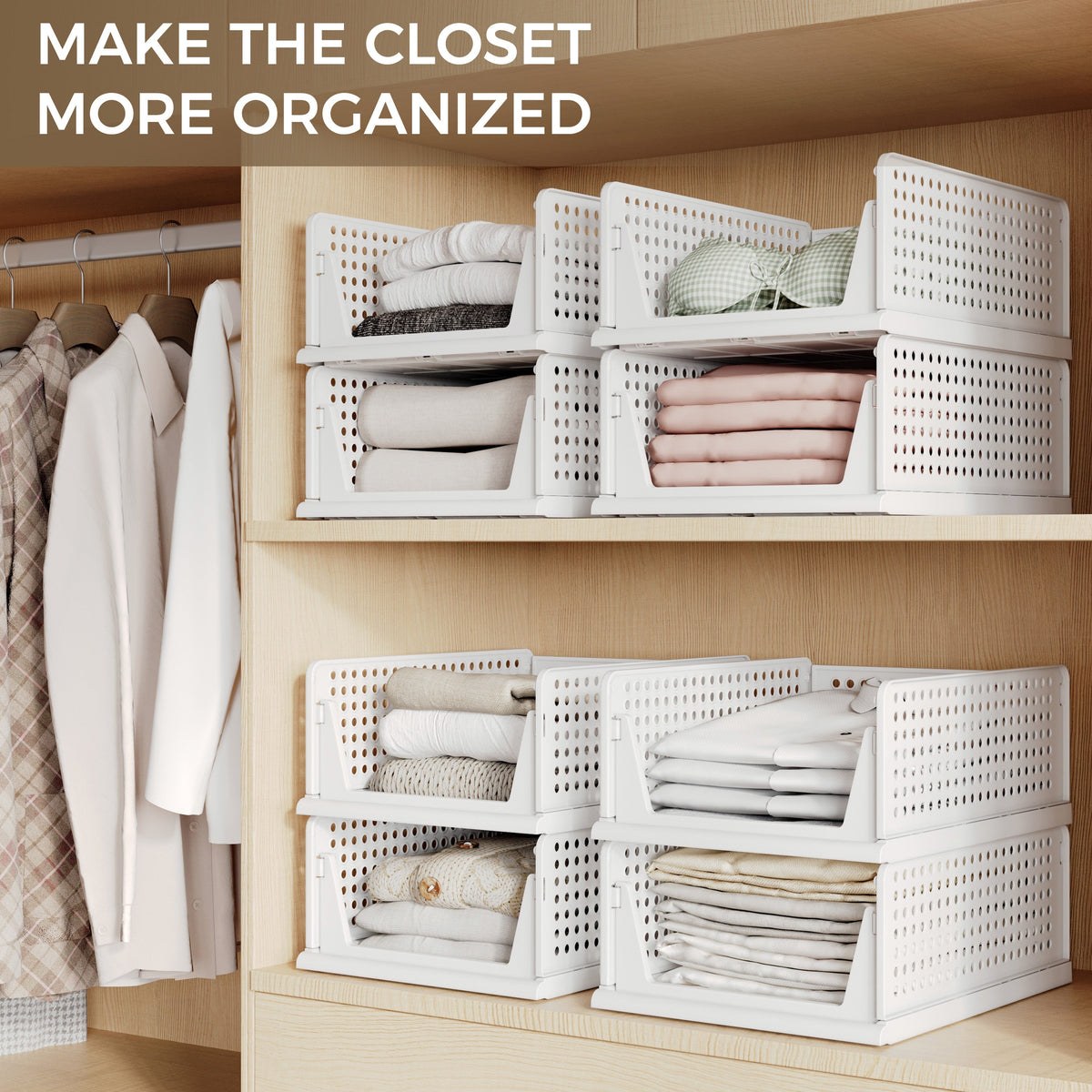 8 Pack Closet Organizers and Storage Plastic Stackable Storage Bins, Foldable Drawer Shelf Storage Container for Wardrobe Kitchen Bathroom Dorm White