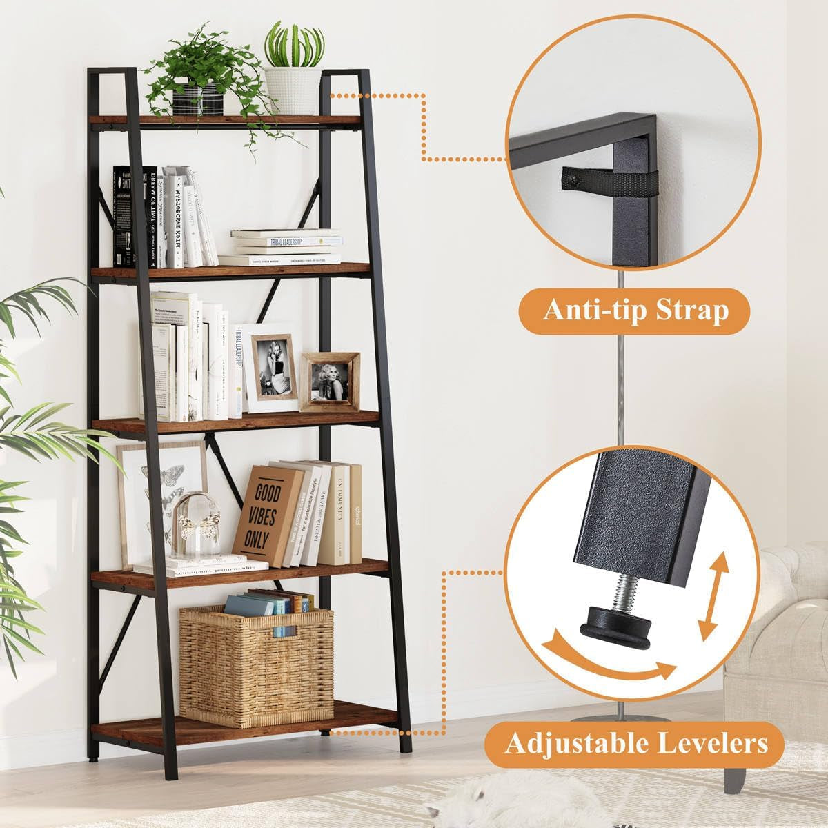 5 Tier Industrial Grade Ladder Shelf Bookcase Oakwood