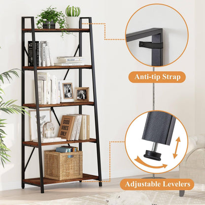 5 Tier Industrial Grade Ladder Shelf Bookcase Oakwood