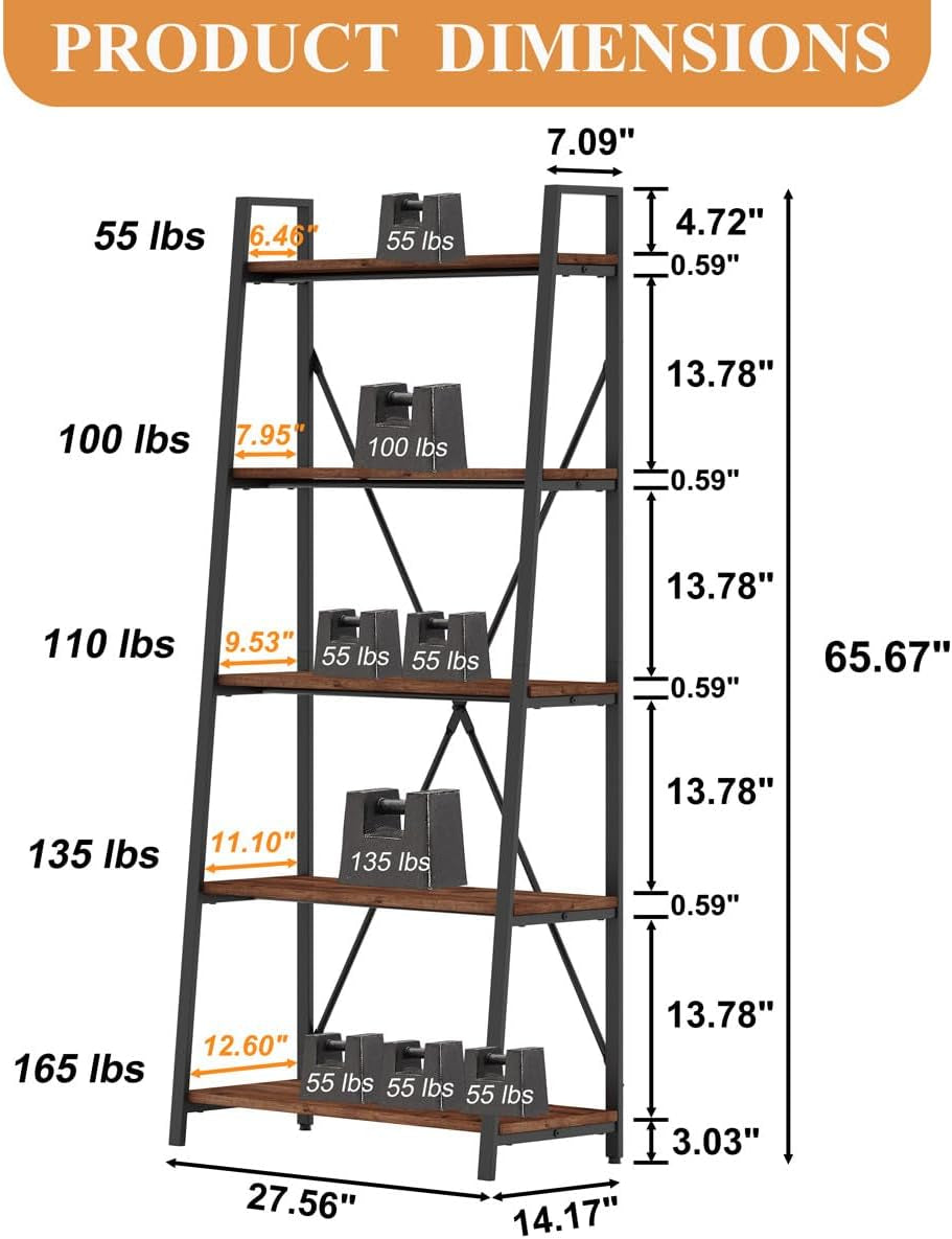 5 Tier Industrial Grade Ladder Shelf Bookcase Oakwood