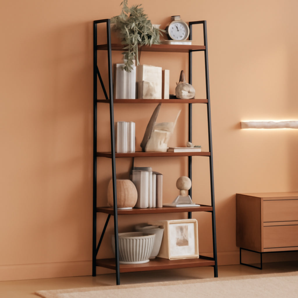 5 Tier Industrial Grade Ladder Shelf Bookcase Oakwood