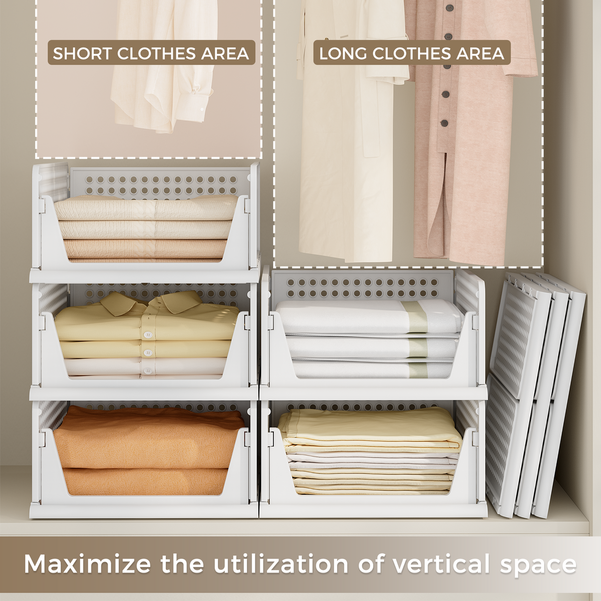 8 Pack Closet Organizers and Storage Plastic Stackable Storage Bins, Foldable Drawer Shelf Storage Container for Wardrobe Kitchen Bathroom Dorm White